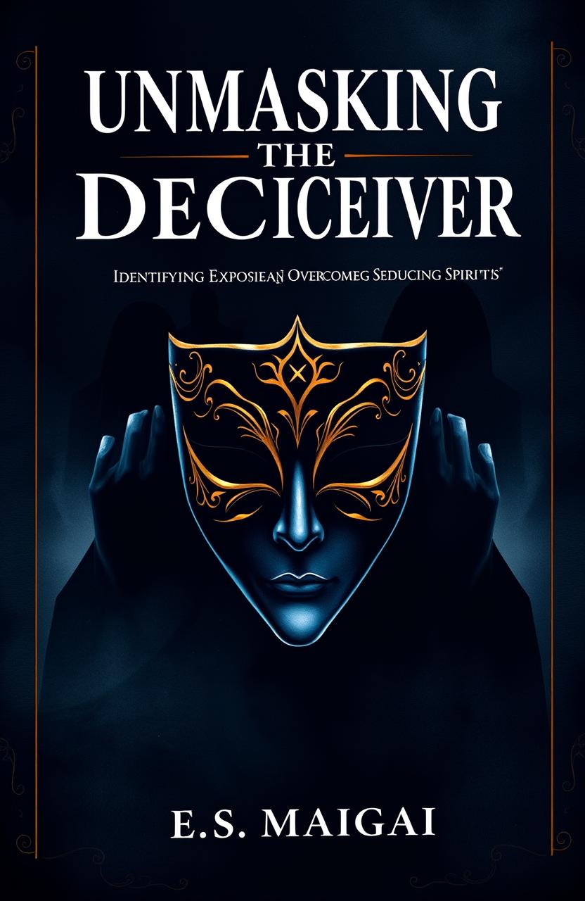 A dramatic and thought-provoking book cover design for 'UNMASKING THE DECEIVER (identifying, exposing and overcoming seducing spirits)' by E S Maigari