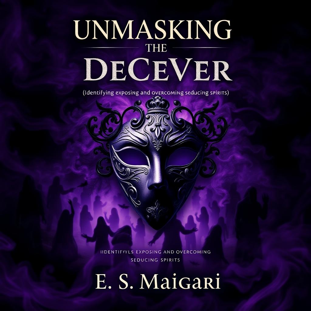 A striking book cover design for 'UNMASKING THE DECEIVER (identifying, exposing and overcoming seducing spirits)' by E S Maigari