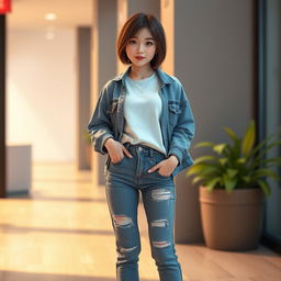 A full view of an extremely beautiful and cute Korean woman, reminiscent of a girl band style, with short hair