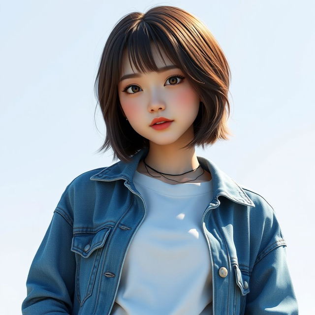 A full view of an extremely beautiful and cute Korean woman, reminiscent of a girl band style, with short hair