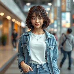 A full view of an extremely beautiful and cute Korean woman, reminiscent of a girl band style, with short hair