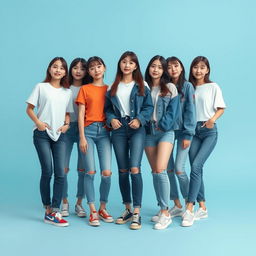 A photo group of extremely beautiful and cute Korean girl band women, posing in a style reminiscent of magazine cover photo sessions