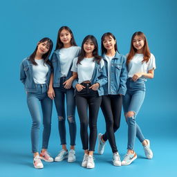 A photo group of extremely beautiful and cute Korean girl band women, posing in a style reminiscent of magazine cover photo sessions