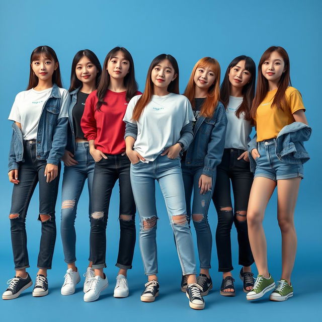 A photo group of extremely beautiful and cute Korean girl band women, posing in a style reminiscent of magazine cover photo sessions