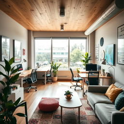 A cozy coworking hostel room measuring 3m x 5m, featuring modern design elements