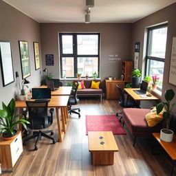 A cozy coworking hostel room measuring 3m x 5m, featuring modern design elements