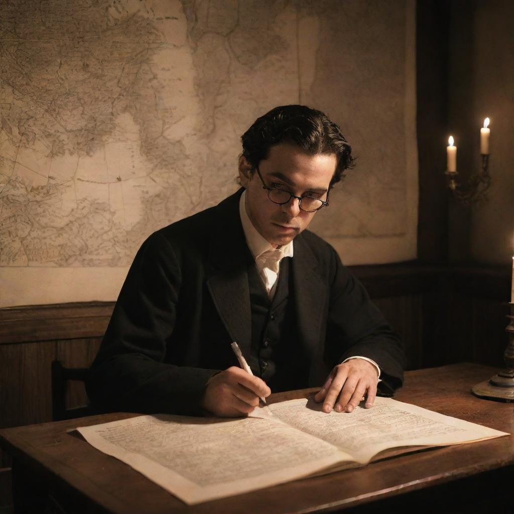 Simoun from El Filibusterismo earnestly plotting a revolution. Set in a well-detailed, dim private room, surrounded by maps, scrolls, and secret letters, a single candle illuminating his determined expression.