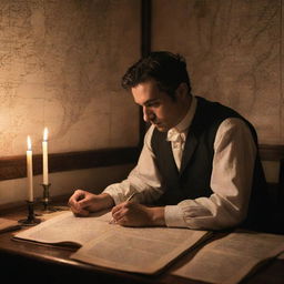 Simoun from El Filibusterismo earnestly plotting a revolution. Set in a well-detailed, dim private room, surrounded by maps, scrolls, and secret letters, a single candle illuminating his determined expression.