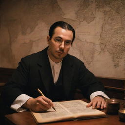 Simoun from El Filibusterismo earnestly plotting a revolution. Set in a well-detailed, dim private room, surrounded by maps, scrolls, and secret letters, a single candle illuminating his determined expression.