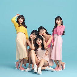 An image featuring an extremely beautiful and cute Korean girl band consisting of four members, posing like professional models