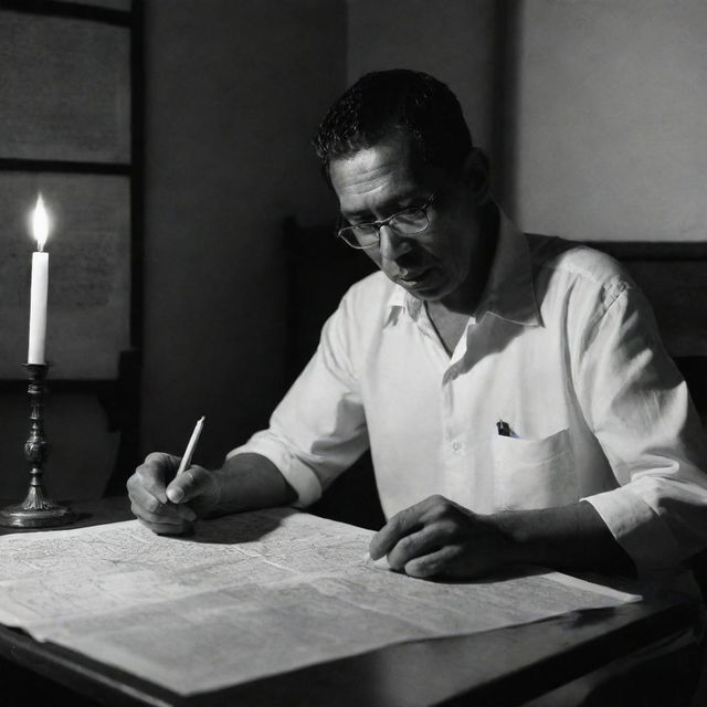 Simoun from El Filibusterismo, intensively crafting a plan for revolution against the Spanish. He is in a clandestine study, filled with maps of the Philippines and secret correspondences, a solitary candle casting dramatic shadows.