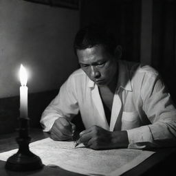 Simoun from El Filibusterismo, intensively crafting a plan for revolution against the Spanish. He is in a clandestine study, filled with maps of the Philippines and secret correspondences, a solitary candle casting dramatic shadows.