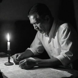 Simoun from El Filibusterismo, intensively crafting a plan for revolution against the Spanish. He is in a clandestine study, filled with maps of the Philippines and secret correspondences, a solitary candle casting dramatic shadows.