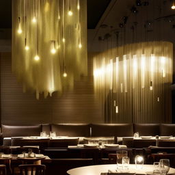 Innovative and warm interior lighting concepts for a modern restaurant ambiance with a mix of chandeliers, wall sconces, pendant lights, and accent lights.