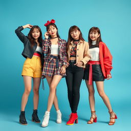 A Kpop girl band featuring four stylish members posing for a magazine cover