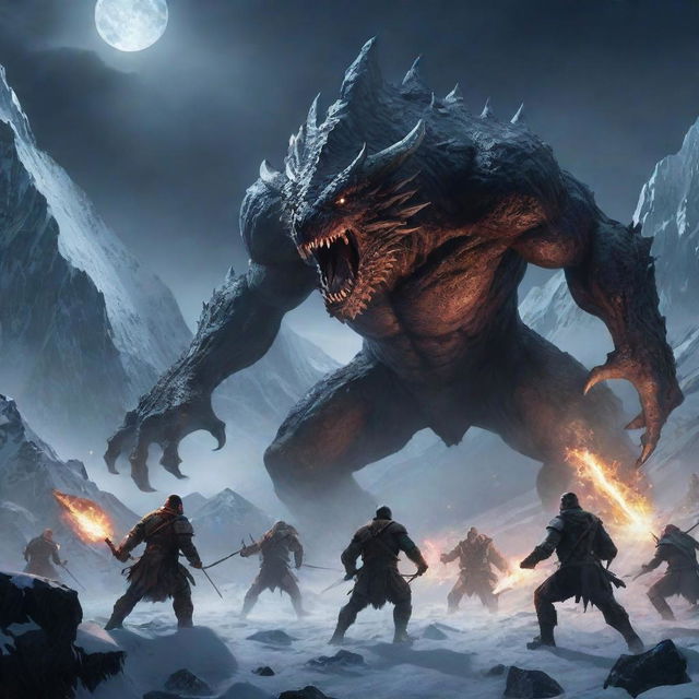 Intrepid heroes valiantly battling against monstrous creatures on a dark, icy mountain under a starlit night