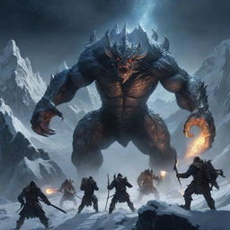 Intrepid heroes valiantly battling against monstrous creatures on a dark, icy mountain under a starlit night