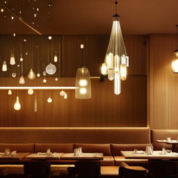 Innovative and warm interior lighting concepts for a modern restaurant ambiance with a mix of chandeliers, wall sconces, pendant lights, and accent lights.