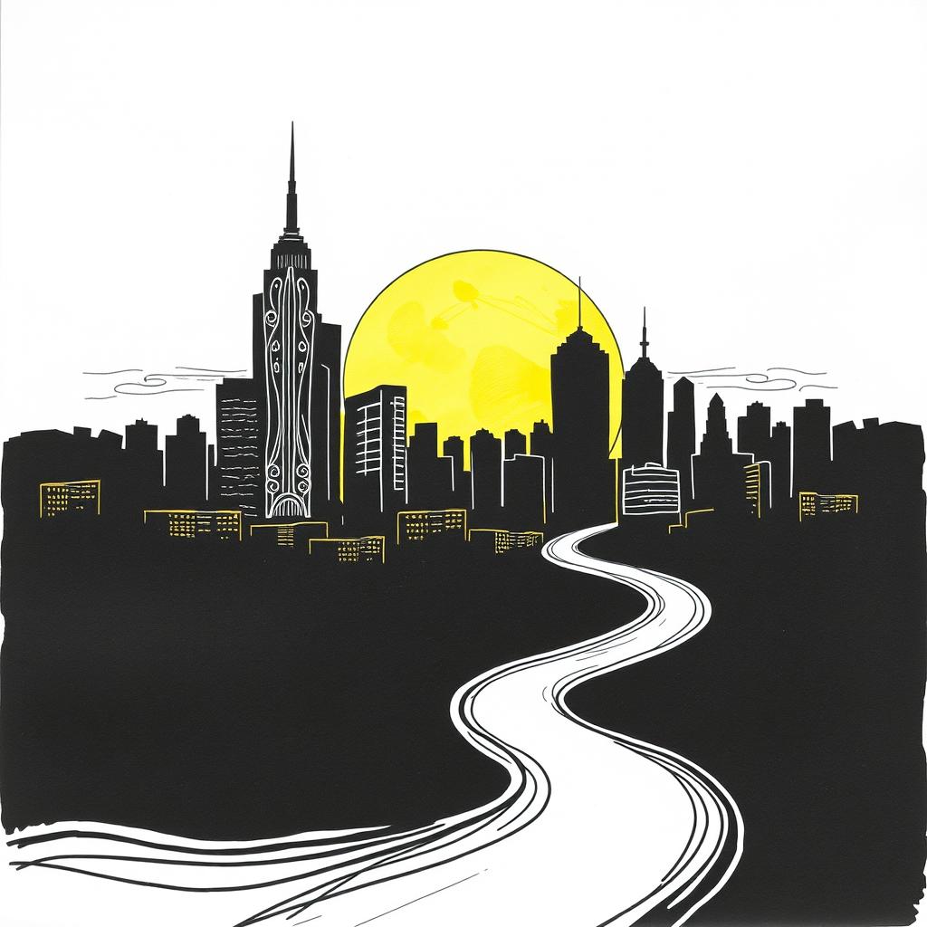 A hand-drawn black and white illustration of a silhouette of a golden city at sunset, with a winding path leading into the horizon