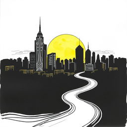 A hand-drawn black and white illustration of a silhouette of a golden city at sunset, with a winding path leading into the horizon