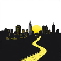 A hand-drawn black and white illustration of a silhouette of a golden city at sunset, with a winding path leading into the horizon