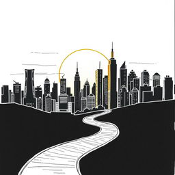 A hand-drawn black and white illustration of a silhouette of a golden city at sunset, with a winding path leading into the horizon