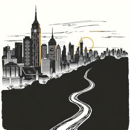 A hand-drawn black and white illustration of a silhouette of a golden city at sunset, with a winding path leading into the horizon