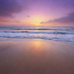 Generate an image of a tranquil sunset scene over a pristine, unspoiled beach. The sky should be painted with deep oranges and radiant purples, reflecting on the calm sea.