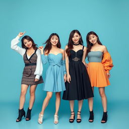 A photogroup session of the sexiest Kpop girl band featuring four extremely beautiful and cute Korean young women with white skin