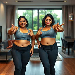 A realistic image of two extremely gorgeous and beautiful mature chubby Indian women aged 40, featuring all the usual Indian facial structures