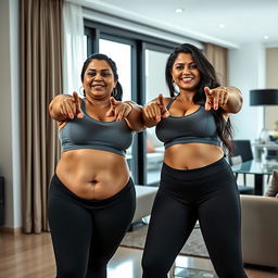 A realistic image of two extremely gorgeous and beautiful mature chubby Indian women aged 40, featuring all the usual Indian facial structures