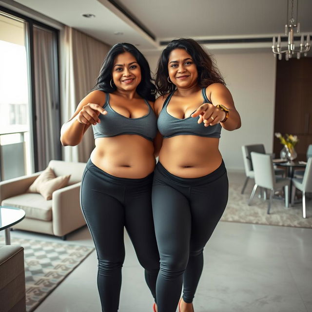 A realistic image of two extremely gorgeous and beautiful mature chubby Indian women aged 40, featuring all the usual Indian facial structures