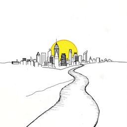 A hand-drawn black and white illustration with fine lines depicting a silhouette of a golden city at sunset