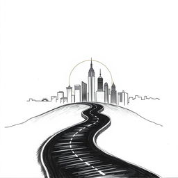 A hand-drawn black and white illustration with fine lines depicting a silhouette of a golden city at sunset