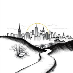 A hand-drawn black and white illustration with fine lines depicting a silhouette of a golden city at sunset