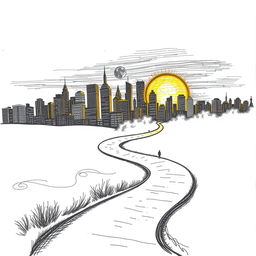 A hand-drawn black and white illustration with fine lines depicting a silhouette of a golden city at sunset