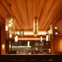 Innovative and warm interior lighting concepts for a modern restaurant ambiance with a mix of chandeliers, wall sconces, pendant lights, and accent lights.