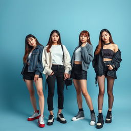 A photogroup session featuring four of the sexiest Kpop girl band members, showcasing extremely beautiful and cute Korean young women with white skin