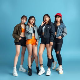 A photogroup session featuring four of the sexiest Kpop girl band members, showcasing extremely beautiful and cute Korean young women with white skin