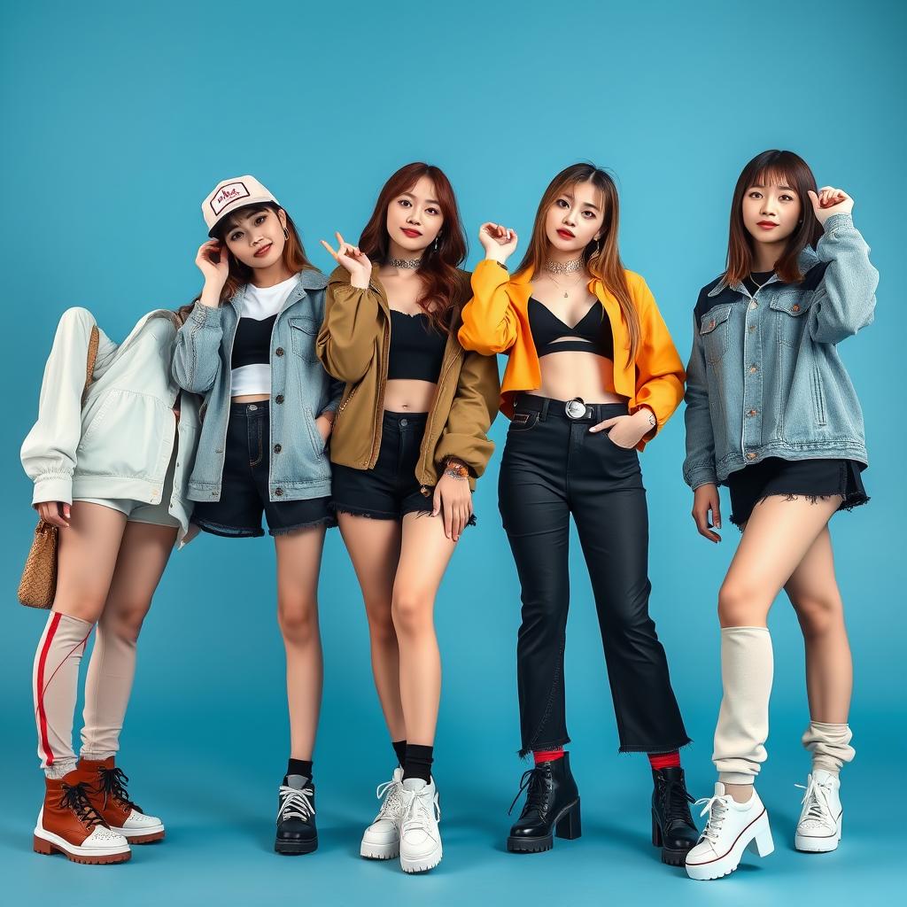 A photogroup session featuring four of the sexiest Kpop girl band members, showcasing extremely beautiful and cute Korean young women with white skin