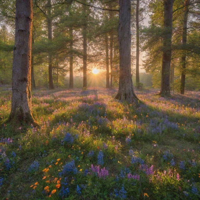 A serene and mystical forest, bathed in the light of a dazzling sunset, with a carpet of colorful wildflowers and towering, ancient trees