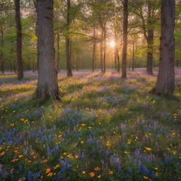 A serene and mystical forest, bathed in the light of a dazzling sunset, with a carpet of colorful wildflowers and towering, ancient trees