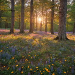 A serene and mystical forest, bathed in the light of a dazzling sunset, with a carpet of colorful wildflowers and towering, ancient trees