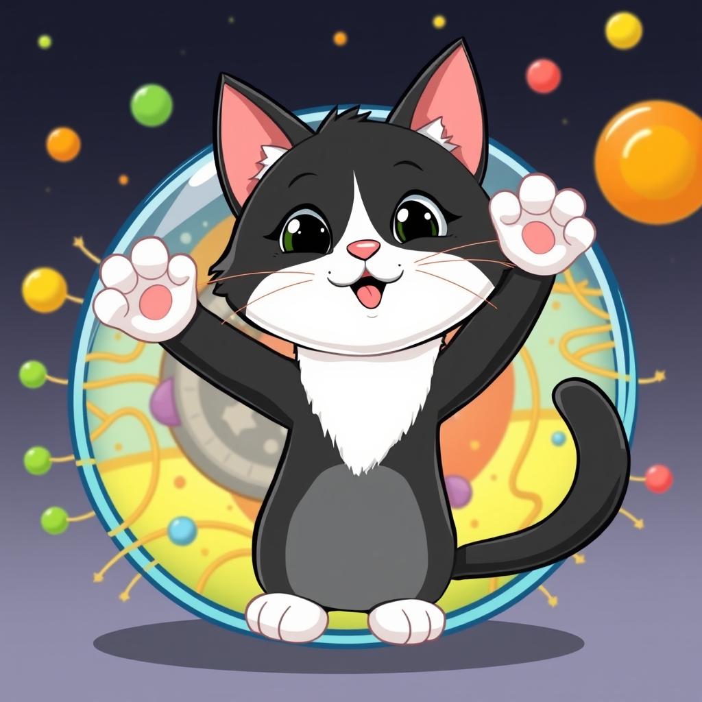 A cute, animated black and white cat showcasing the cell membrane