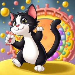 A cute, animated black and white cat showcasing the cell membrane