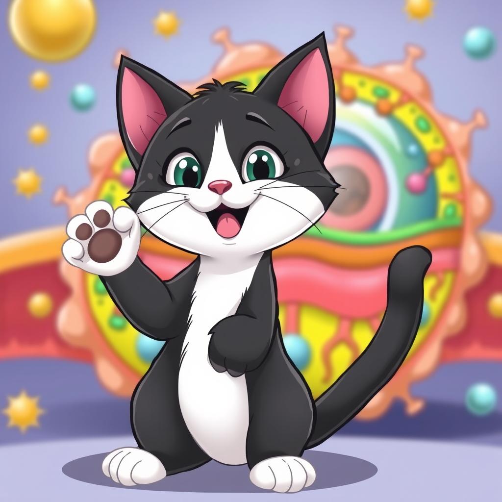 A cute, animated black and white cat showcasing the cell membrane