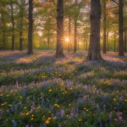 A serene and mystical forest, bathed in the light of a dazzling sunset, with a carpet of colorful wildflowers and towering, ancient trees