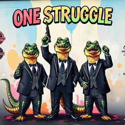 A vibrant mural featuring three crocodiles dressed in elegant suits, standing confidently