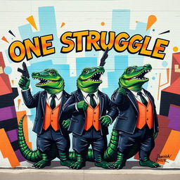 A vibrant mural featuring three crocodiles dressed in elegant suits, standing confidently