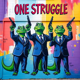 A vibrant mural featuring three crocodiles dressed in elegant suits, standing confidently